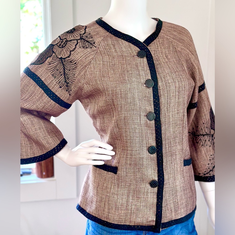 Vintage Anage Embroidered Flower Light Jacket Blazer Linen Tan Black Size M